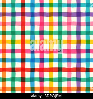 Vivaci strisce incrociate colorate motivo vettoriale senza cuciture per sfondi estivi, design a griglia irregolare con linee spesse Illustrazione Vettoriale