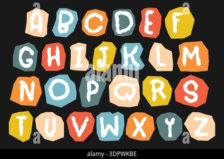 Doodle ha tagliato l'alfabeto. Pezzi di carta colorati con lettere. Copia abc Illustrazione Vettoriale