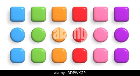 Collezione di pulsanti 3d colorati. Set di elementi di progettazione UI UX. Badge realistici quadrati e arrotondati. Illustrazione Vettoriale