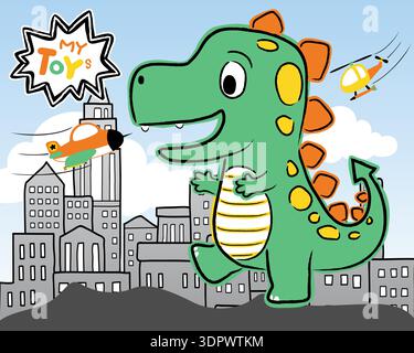 Grande dinosauro verde che cammina attraverso una città con un aereo. Illustrazione Vettoriale