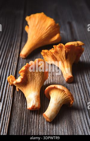 Funghi canterelle su un vecchio tavolo di legno da vicino. Funghi selvatici, raccolta autunnale, sottofondo di cibo rustico Foto Stock