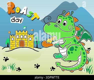 Drago verde cartoni animati che spara fuoco vicino a un castello giallo. Illustrazione Vettoriale
