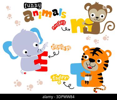Cartoni animati elefante, scimmia e tigre con lettere dell'alfabeto. Illustrazione Vettoriale