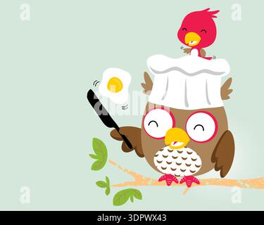Simpatico gufo cartoni animati che cucina un uovo fritto. Illustrazione Vettoriale