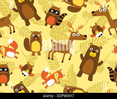 Schema senza cuciture di cartoni animati, animali boschivi e foglie di foresta. Illustrazione Vettoriale