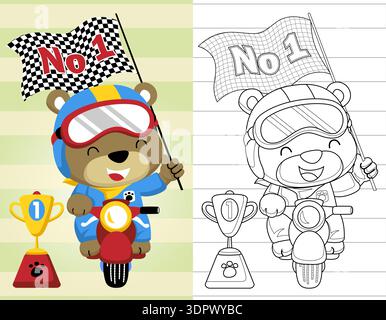 Orso vincente su uno scooter con bandiera a scacchi e trofeo. Illustrazione Vettoriale