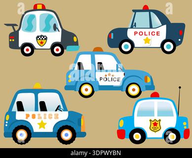 Collezione di diverse auto colorate della polizia dei cartoni animati per bambini. Illustrazione Vettoriale