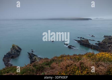 Mare calmo con affioramenti rocciosi e promontorio lontano in una giornata nebbiosa lungo la costa del Pembrokeshire, Galles. Foto Stock