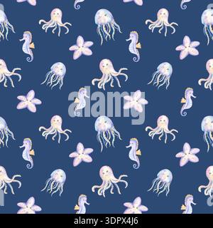 Motivo senza cuciture su sfondo blu scuro con caratteri acquerelli: Stelle marine, polpi, meduse, cavallucci marini. Mondo del mare. Illustrazione disegnata a mano per u Foto Stock