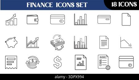 18 icone della linea finanziaria e bancaria professionale: Set di vettori minimalisti per la contabilità aziendale, l'analisi degli investimenti e i sistemi di pagamento e-commerce Illustrazione Vettoriale