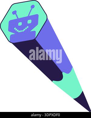 Adesivo con profilo a forma di doodle con tecnologia ai blu e turchese con matita. Icona Bright Flat Illustrazione Vettoriale