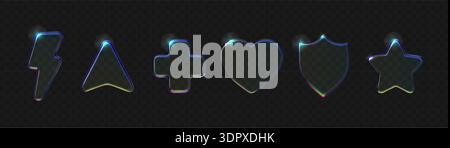 Forme di vetro trasparenti con effetti olografici. Icone di cristallo 3D con stelle, scudi, frecce e cuori su sfondo scuro e vibrante Illustrazione Vettoriale