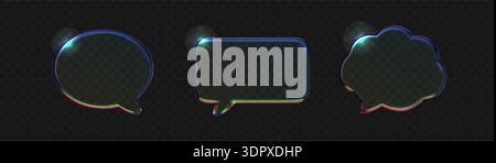 Imposta la bolla vocale in vetro trasparente con effetti gradiente olografici. Icona di chat di cristallo 3D con dispersione della luce prismatica su sfondo scuro Illustrazione Vettoriale