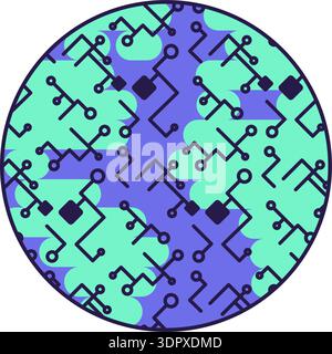 Adesivo blu e turchese con profilo a forma di doodle con tecnologia ai con Planet. Icona Bright Flat Illustrazione Vettoriale
