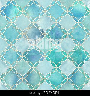 Motivo geometrico delle piastrelle ad acquerello senza cuciture con sfondo blu turchese e elegante contorno dorato. Design geometrico decorativo per carta da parati Foto Stock
