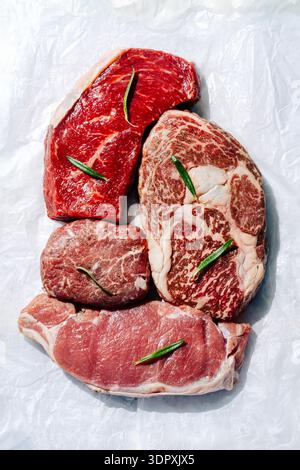 Una selezione di tagli di bistecca di prima qualità, tra cui costola, filetto mignon, entrecote e striploin, disposti artisticamente su sfondo bianco con g rosmarino Foto Stock