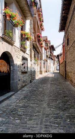 Pittoresca strada acciottolata a Garde, Roncal Valley, Navarra, Spagna, caratterizzata da tradizionali case in pietra adornate con fiori colorati su ba in ferro battuto Foto Stock