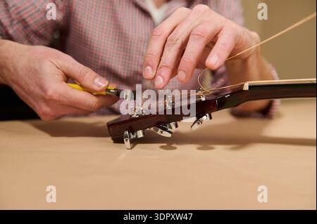 Primo piano di corde acustiche che cambiano le mani sulla testa con pinze, illustrando la manutenzione, la riparazione, il ritaglio e la sintonizzazione della chitarra. Foto Stock