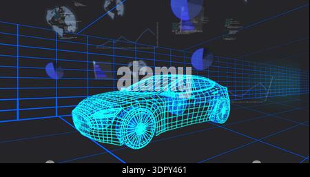 Visualizzazione del modello di auto a reticolo in rotazione su griglia prospettica in studio di progettazione, con HUD olografico Foto Stock