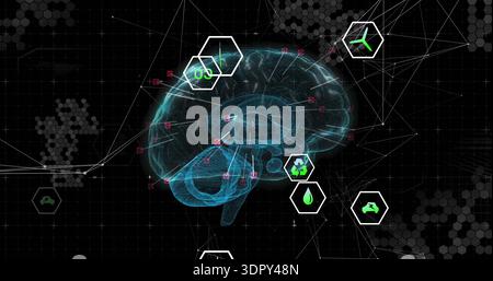 Visualizzazione del cervello olografico su HUD, con nodi magenta, collegamenti bianchi e badge esagonali Foto Stock