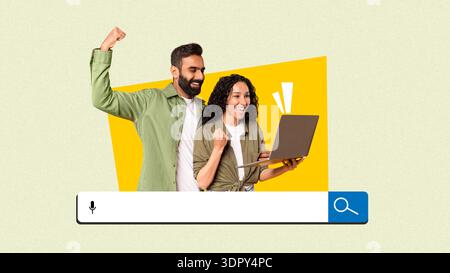 Momento di gioia in un Digital Workspace con una coppia felice che celebra il successo insieme Foto Stock