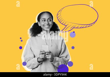 Collage che mostra un giovane con un telefono su uno sfondo giallo brillante con un fumetto Foto Stock