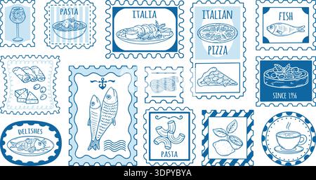 Cartoline di cibo italiano. Ristorante italy francobolli, gustosi piatti mediterranei. Pasta, pizza, pesce, caffè. La stagione turistica segna lo stile doodle Illustrazione Vettoriale