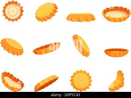 Tappi per flaconi giallo cartoni animati. Tappo metallico da flaconi, posizioni diverse. Cappucci broccati, usati e stropicciati di acqua minerale, limonata, birra, bevande analcoliche Illustrazione Vettoriale