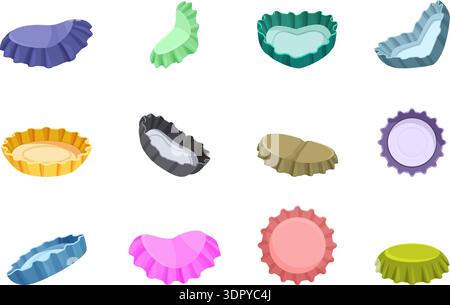 Set di tappi per flaconi. Tappo cartoni animati per bottiglie di birra, bibite gassate e acqua minerale. Il cerchio usato rotto copre posizioni diverse, icone dei coperchi metallici, sapid Illustrazione Vettoriale