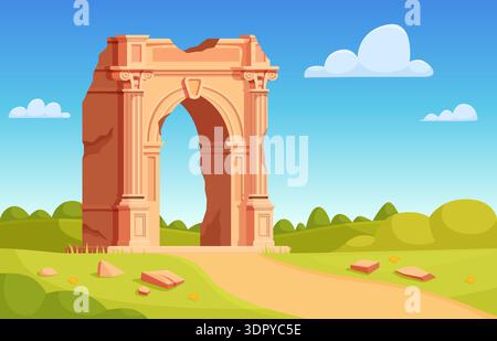 Un antico paesaggio greco rovinato. Antiche rovine in pietra ad arco, pilastri rotti. Luogo storico con architettura romana su prato verde, scenario vettoriale sapid Illustrazione Vettoriale