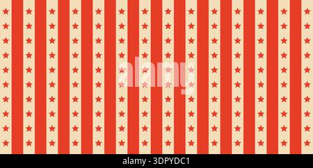 Sfondo circo a righe rosse con stelle di carnevale d'epoca e raggi retrò. Motivo classico con linee ispirate alle tende, perfetto per poster festivi e disegni teatrali. Illustrazione Vettoriale
