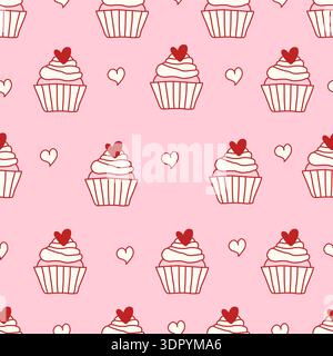 Motivo di coquette senza cuciture con graziosi cupcake ricoperti di cuori e piccoli cuori di doodle su sfondo rosa. Design femminile, romantico e giocoso per tessuti, cancelleria e carta da imballaggio. Grafica vettoriale Illustrazione Vettoriale