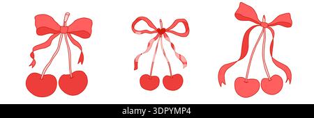 Set di ciliegie con graziosi archi. Cherry Berry con elegante nodo di prua e nastro. Estetica di Coquette. Elementi decorativi alla moda della collezione y2k. Clipart stravagante. Illustrazione vettoriale Illustrazione Vettoriale