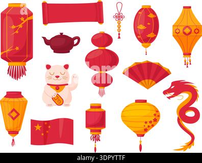 Simboli cinesi dei cartoni animati. Elementi orientali tradizionali, paese asiatico. Rotolo rosso e drago, lanterne di carta, gatto neko, ventilatore e ciondolo, da oggi Illustrazione Vettoriale