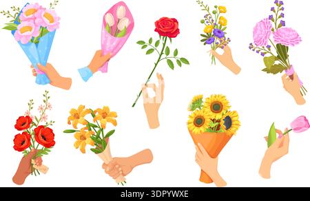 Mani che tengono il bouquet. Mazzi di fiori, braccio che tiene fiori selvatici mazzo di fiori da giardino regalo romantico matrimonio san valentino donna giorno stelo rosa presente, illustrazione vettoriale ordinata opera d'arte originale Illustrazione Vettoriale