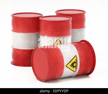 Fusti infiammabili isolati su sfondo bianco. Illustrazione 3D. Foto Stock