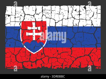 Illustrazione della bandiera nazionale della Slovacchia dipinta su un muro incrinato. Sfondo in stile grunge con colori ufficiali slovacchi bianco, blu e rosso e stemma. Illustrazione Vettoriale