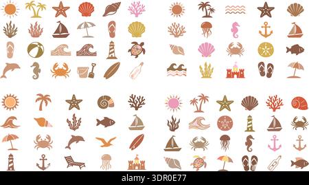 Set vettoriale Summer Beach and Ocean Icon Collection con Sea Life ed elementi tropicali Illustrazione Vettoriale