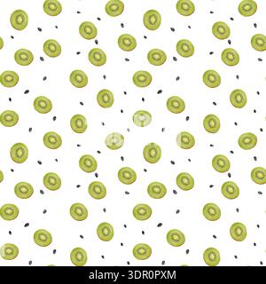 Illustrazione digitale con motivo a metà kiwi senza interruzioni. Frutta verde fresca, fondo a sezione trasversale con semi dettagliati in stile moderno e piatto. Tropico ricorrente Foto Stock