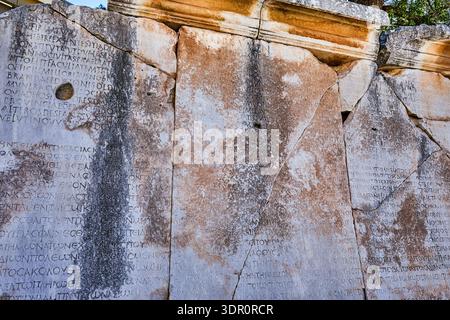Antiche iscrizioni greche su pietra di marmo nella strada principale e Biblioteca di Celco nell'antica città in rovina di Efeso, Turchia, Asia occidentale Foto Stock