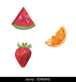 Illustrazione digitale isolata di anguria, fragola e due arance su sfondo bianco. Ideale per il confezionamento, l'arredamento della cucina, i tessuti e il surfac Foto Stock