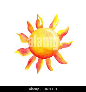 Brillante illustrazione ad acquerello di un sole giallo con raggi arancioni e rossi, dipinta su sfondo bianco con un design vivace e allegro. Foto Stock