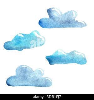 Illustrazione ad acquerello di quattro nuvole soffici blu con texture morbida e sfumature sottili che fluttuano su uno sfondo bianco pulito. Foto Stock