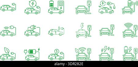 Set di icone di linea sottile per auto elettriche. Icona di ricarica per auto. Traccia modificabile. Vettore Illustrazione Vettoriale