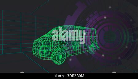 Visualizzazione di un modello di furgone a reticolo verde neon che ruota in uno studio di griglia virtuale scura, mostrando HUD viola Foto Stock