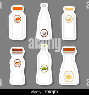 Illustrazione sul tema grande set diversi tipi di latte freddo in biberon di varie dimensioni, bevanda a base di latte composta da flaconi di plastica accessori per la raccolta t Illustrazione Vettoriale