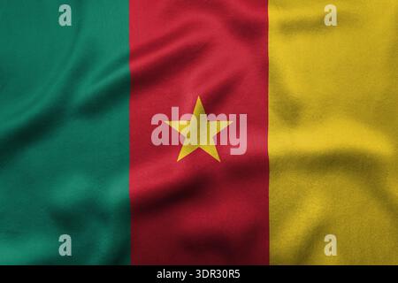 Bandiera nazionale del Camerun caratterizzata da tre strisce verticali di verde, rosso e giallo con una singola stella dorata a cinque punte al centro del divieto rosso Foto Stock