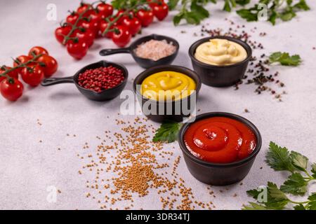 Assortimento di condimentsketchup classico, senape e maionese in ciotole di ceramica con pomodori ciliegini, spezie intere e prezzemolo su fondo grigio Foto Stock