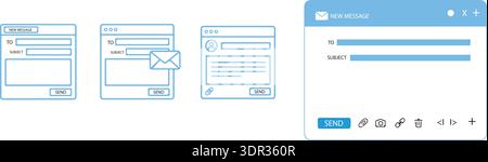 Interfaccia della pagina e-mail modello di messaggio e-mail. Simulare la finestra vuota della schermata di posta. Interfaccia del browser con modulo di invio della casella di posta. Illustrazione Vettoriale