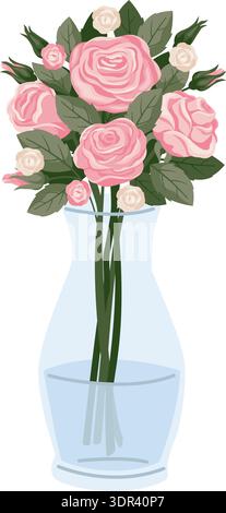 Un bellissimo bouquet di rose rosa si staglia in vaso di vetro con acqua. Composizione floreale. Un mucchio di fiori. Steli con foglie. Boccioli fioriti Illustrazione Vettoriale